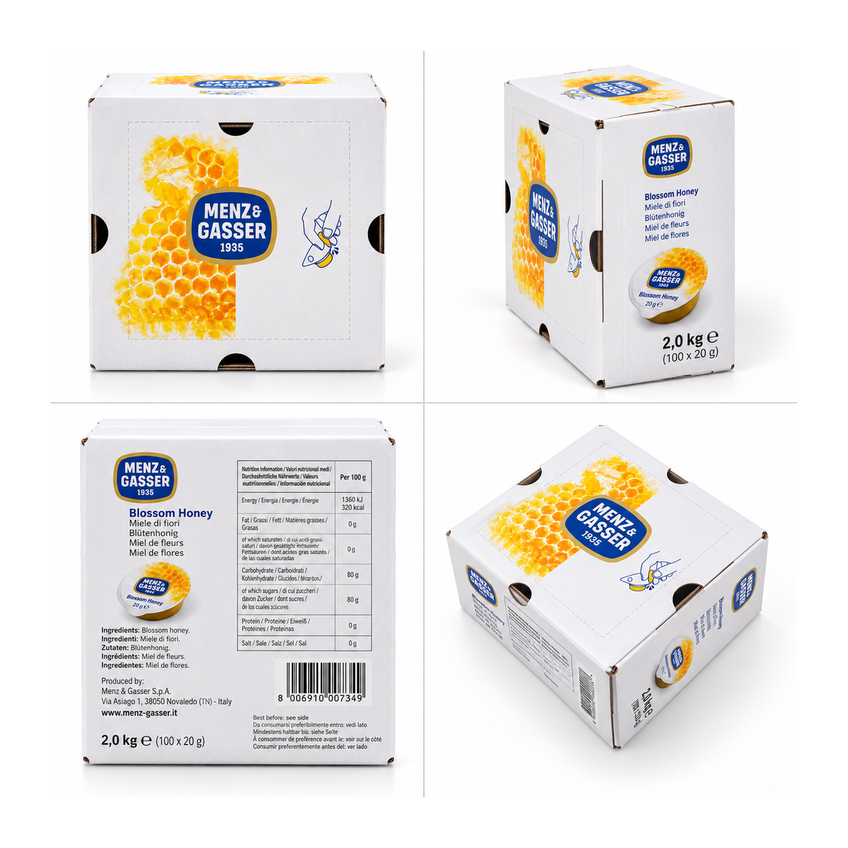 Snap&Squeeze Blossom Honey Portions – 100 x 20g – packaging and product views