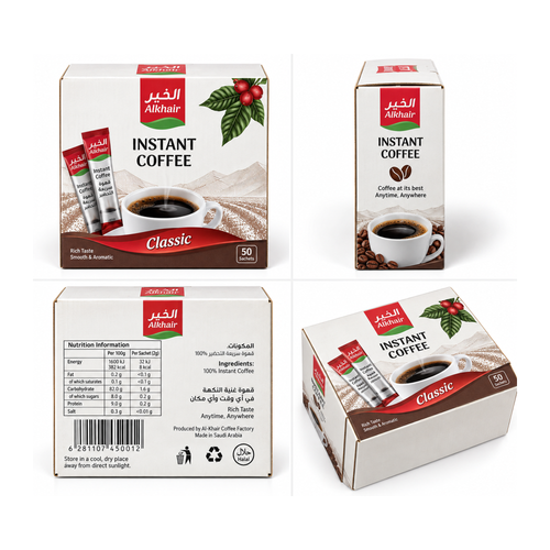 Alkhair Classic Instant Coffee Sachets – 50 x 2g – packaging and product views