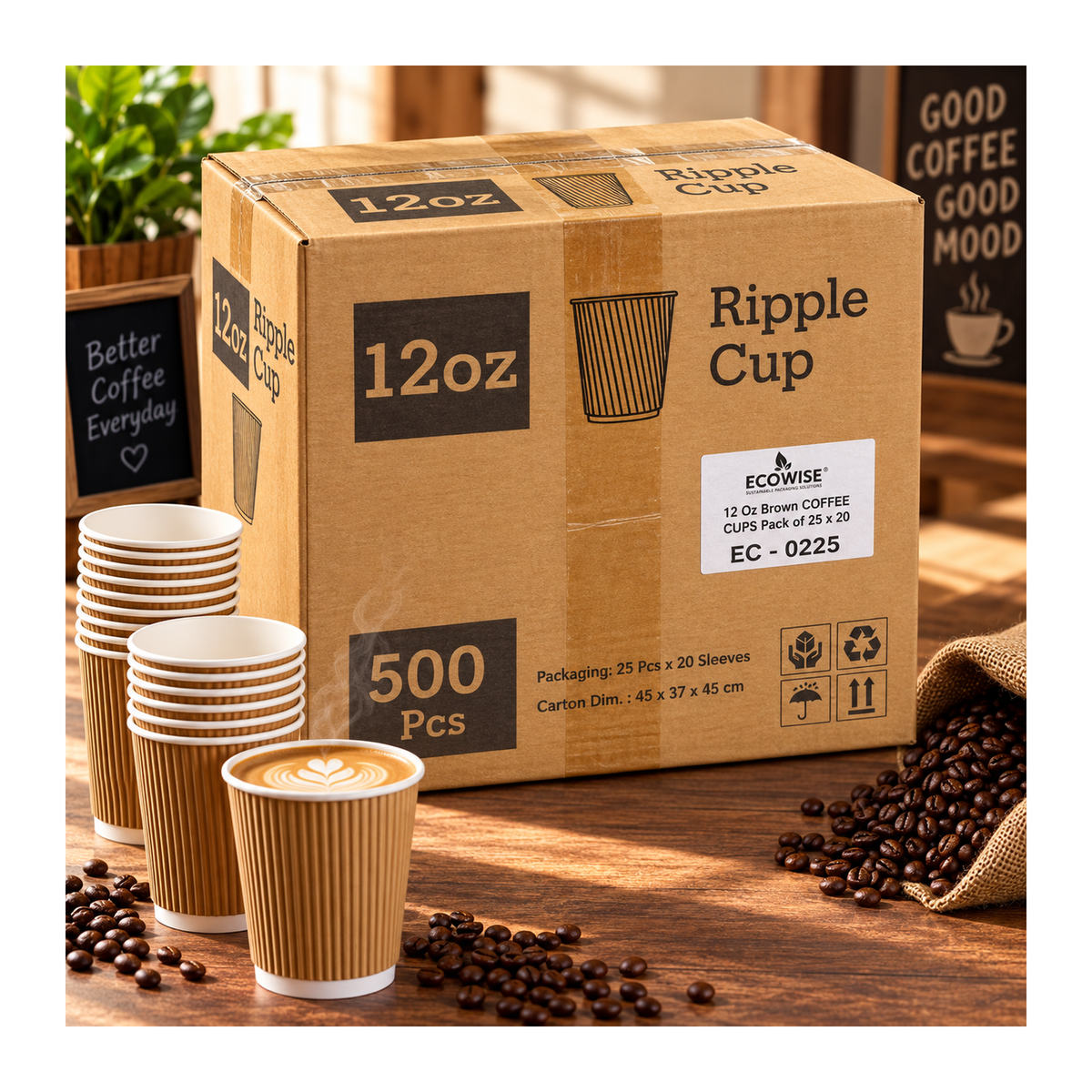 EcoWise 12oz Brown Ripple Coffee Cups – 500 Pack – promotional product image