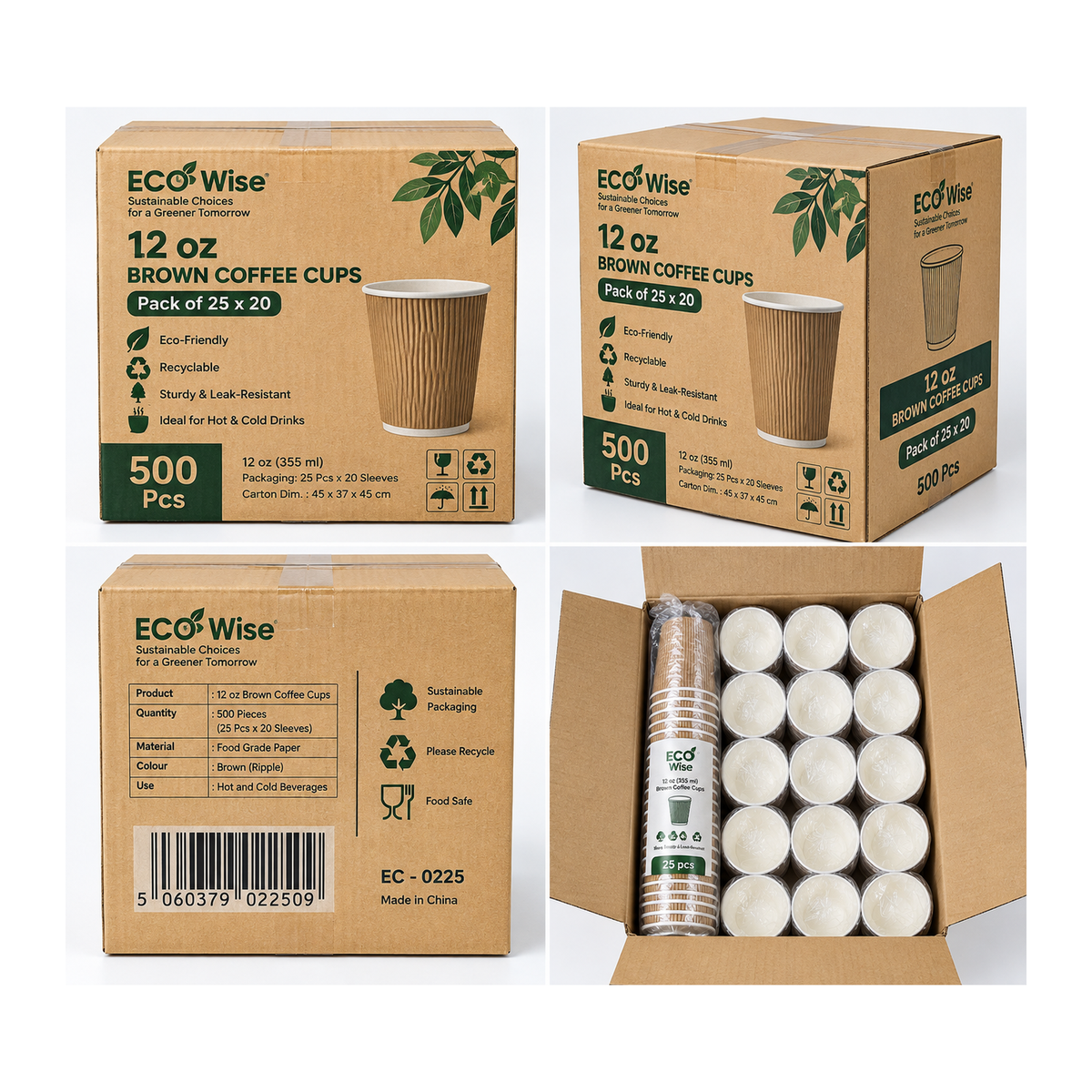 EcoWise 12oz Brown Ripple Coffee Cups – 500 Pack – packaging and product views