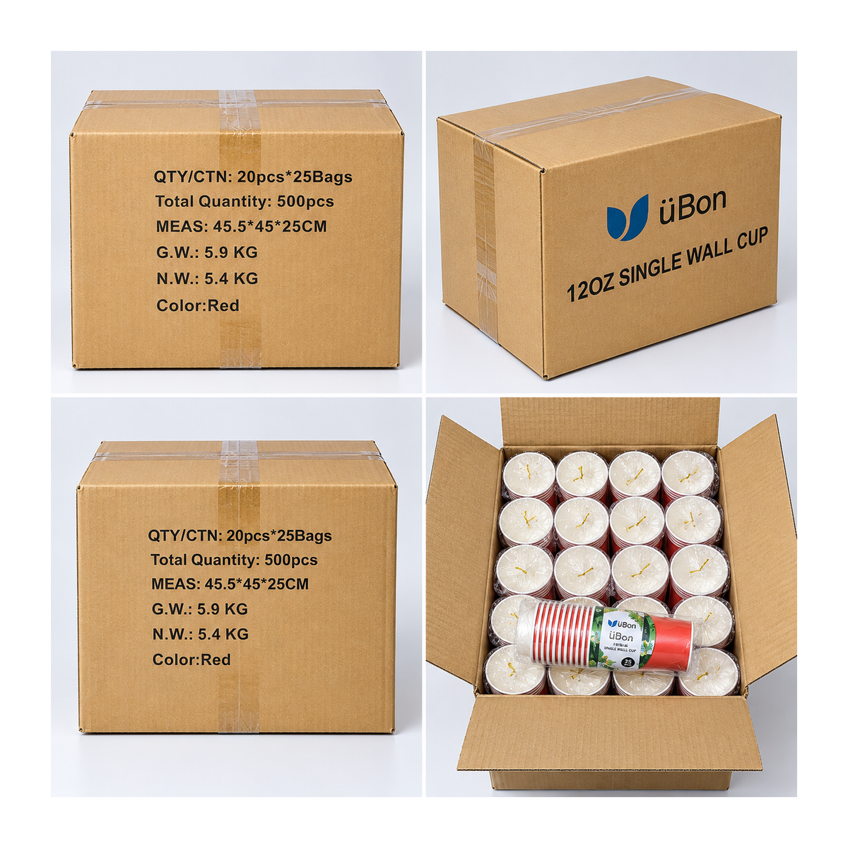 ÜBon 12oz Red Single Wall Paper Cups – 500 Pack – packaging and product views
