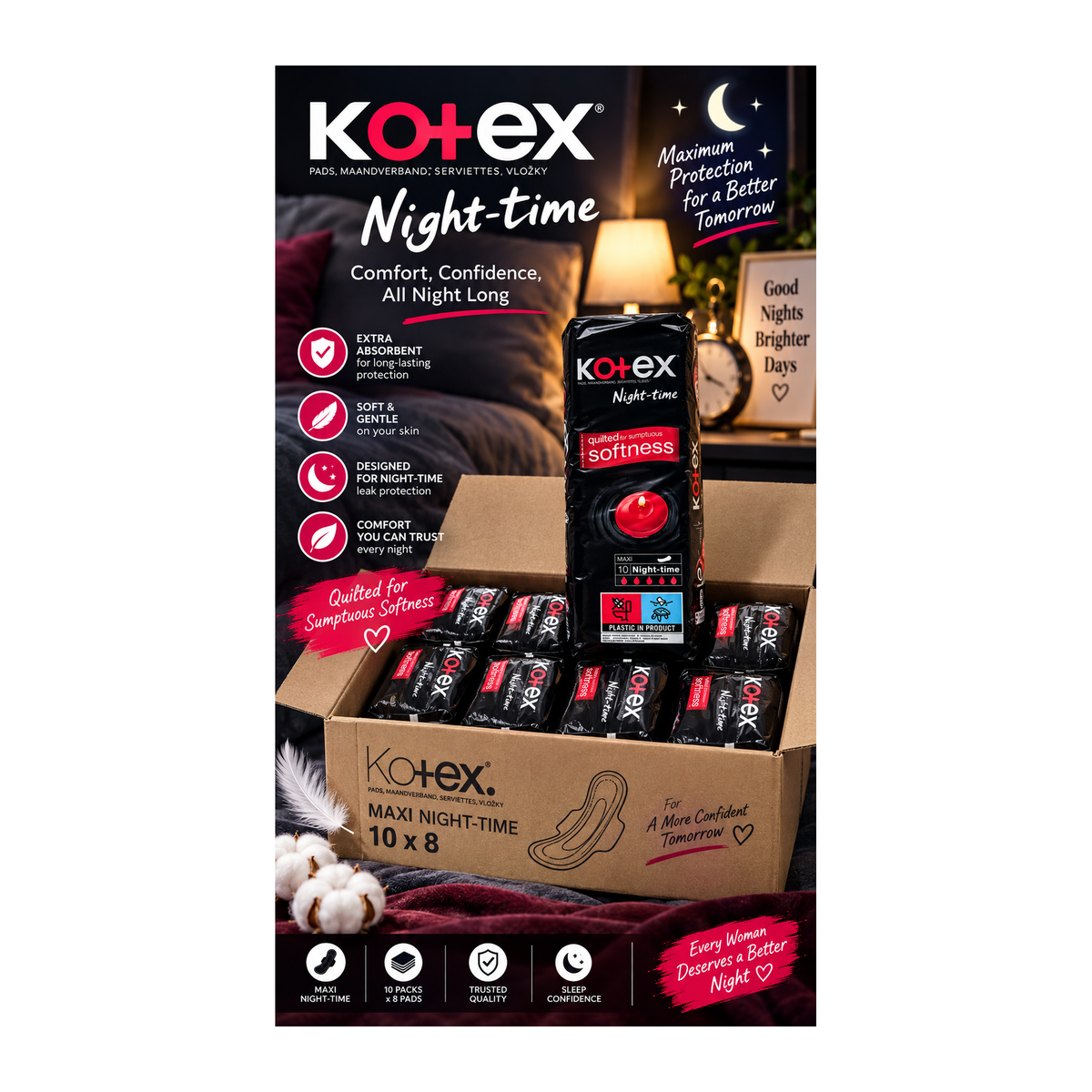Kotex Maxi Night-time Pads – 8x10 Pads – promotional product image