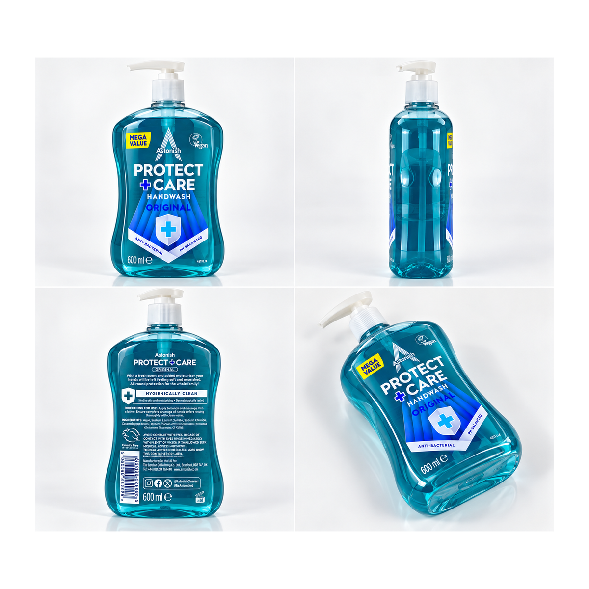 Astonish Protect + Care Antibacterial Handwash Original 600ml – packaging and product views