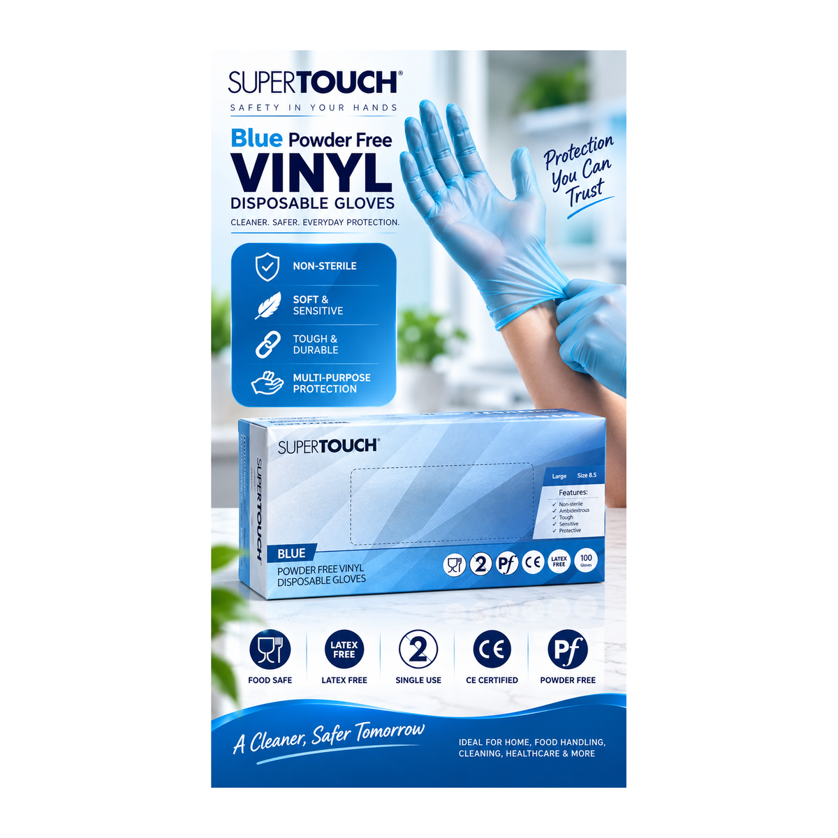 SuperTouch Blue Powder Free Vinyl Gloves – Large – Box of 100 – promotional product image