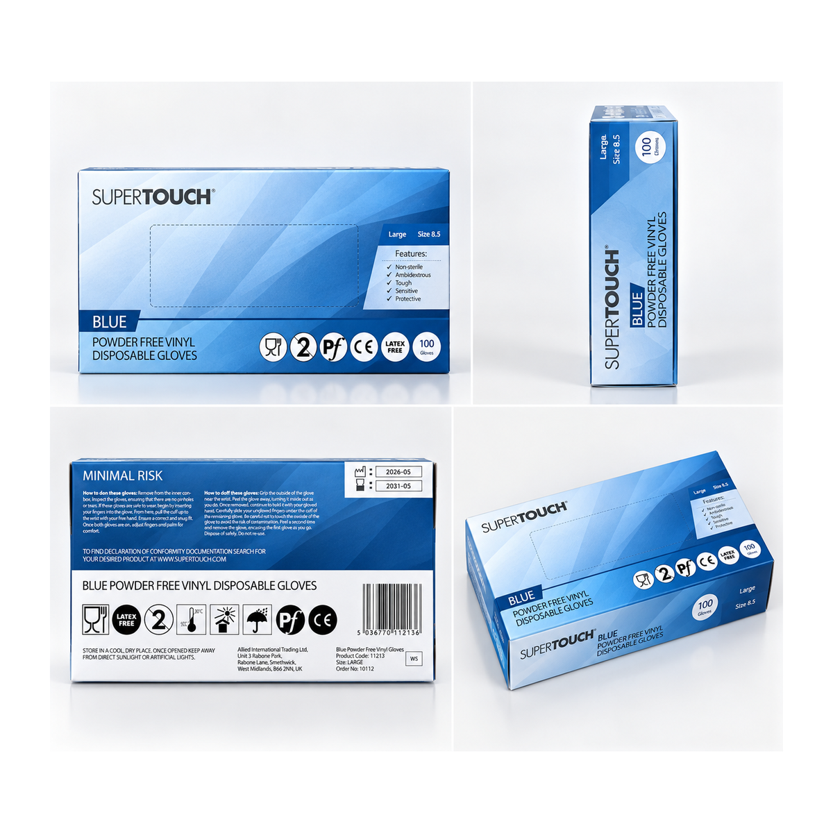 SuperTouch Blue Powder Free Vinyl Gloves – Large – Box of 100 – packaging and product views