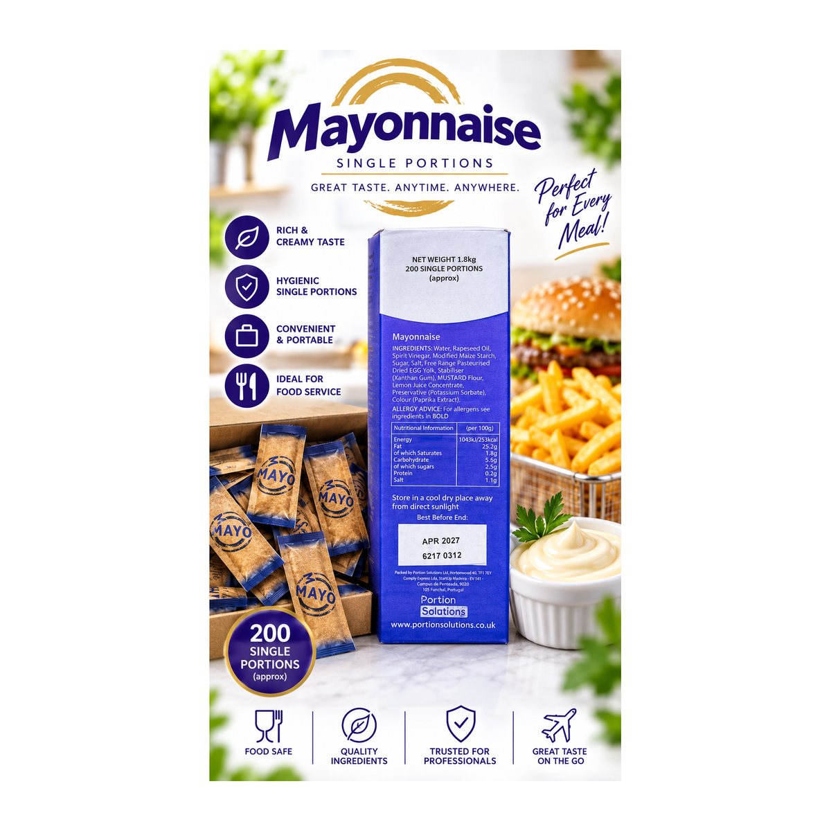 Mayonnaise single portions 1.8kg case with individual sachets