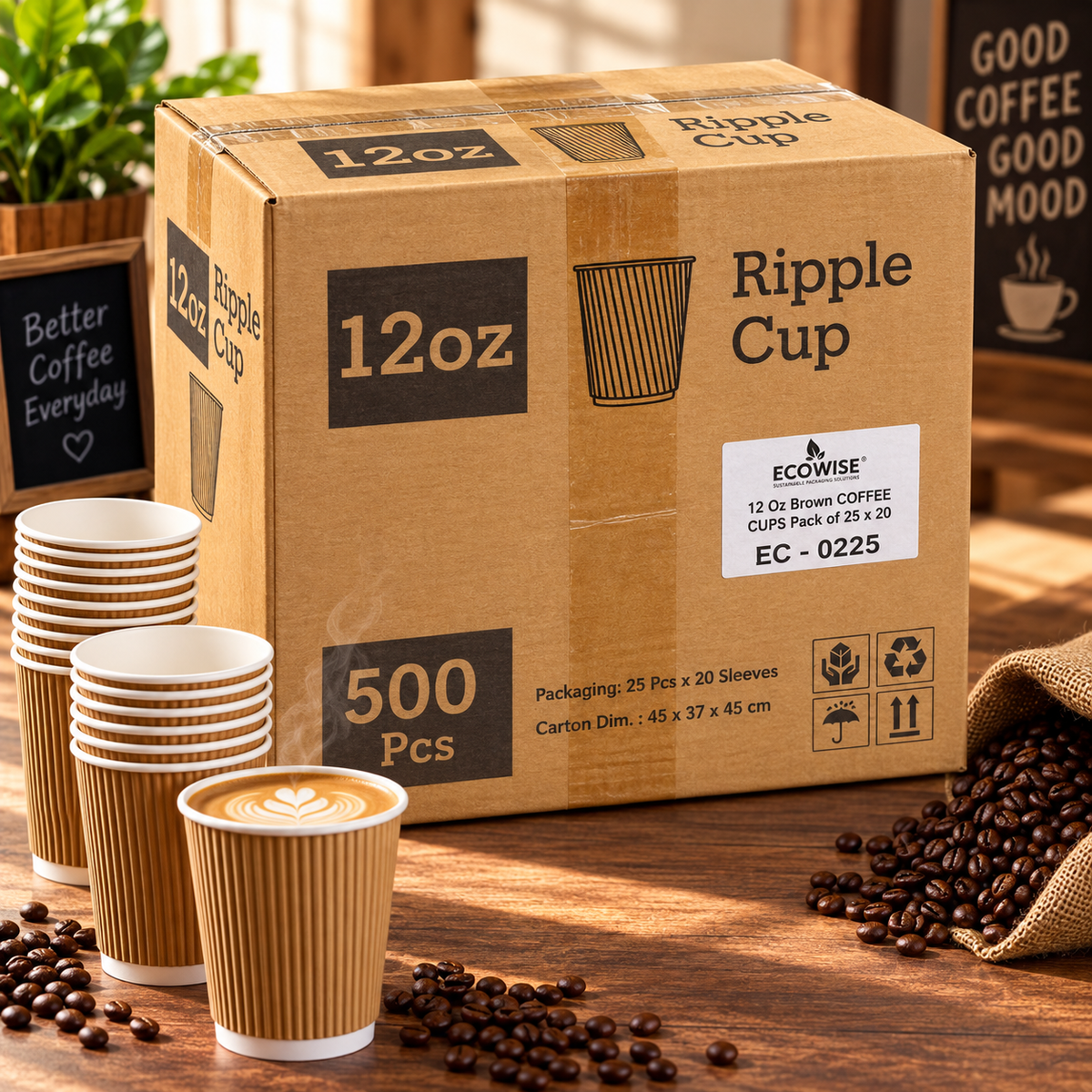 EcoWise 12oz Brown Ripple Coffee Cups – 500 Pack