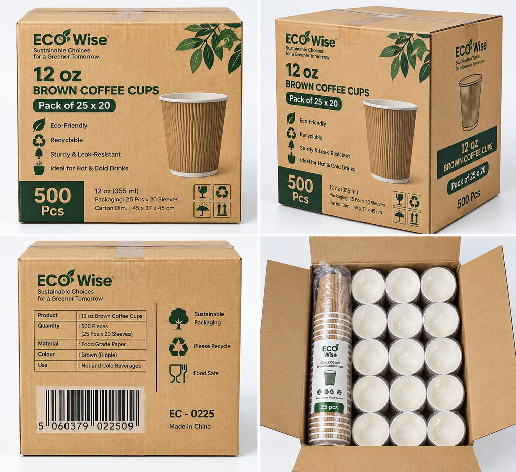 EcoWise 12oz Brown Ripple Coffee Cups – 500 Pack