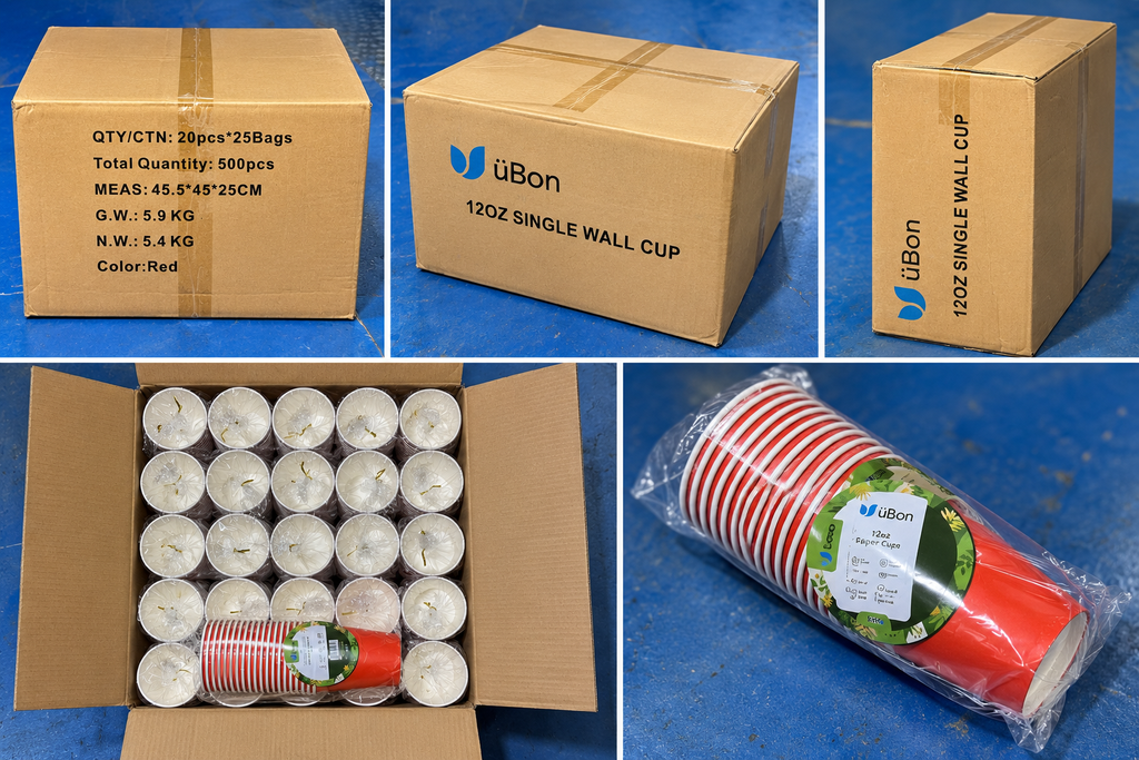 ÜBon 12oz Red Single Wall Paper Cups – 500 Pack