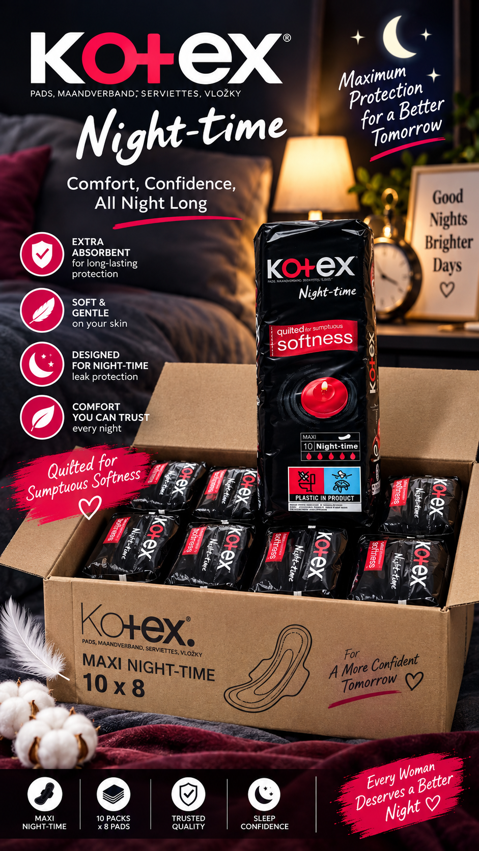 Kotex Maxi Night-time Pads – 8x10 Pads
