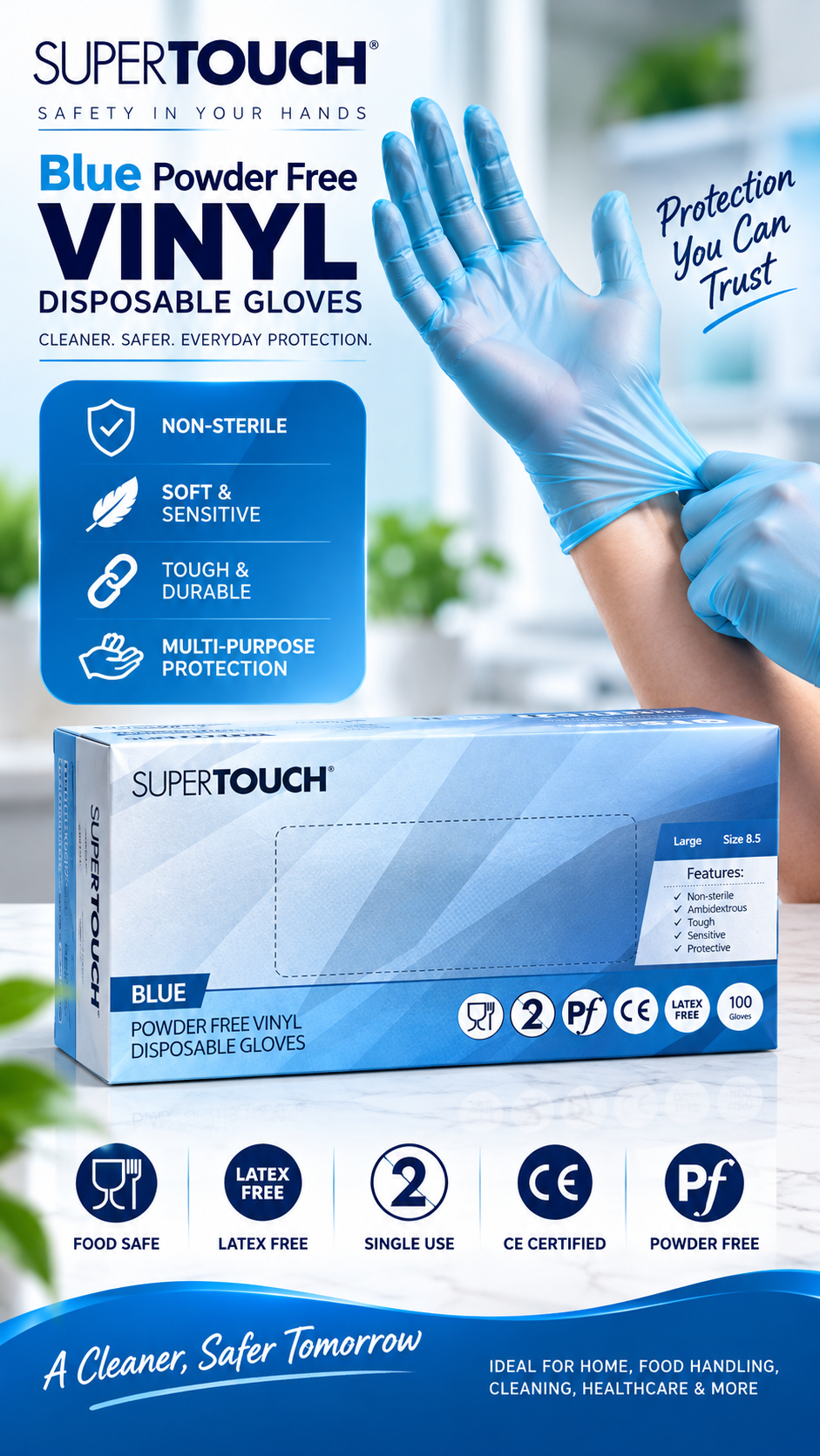 SuperTouch Blue Powder Free Vinyl Gloves – Large – Box of 100