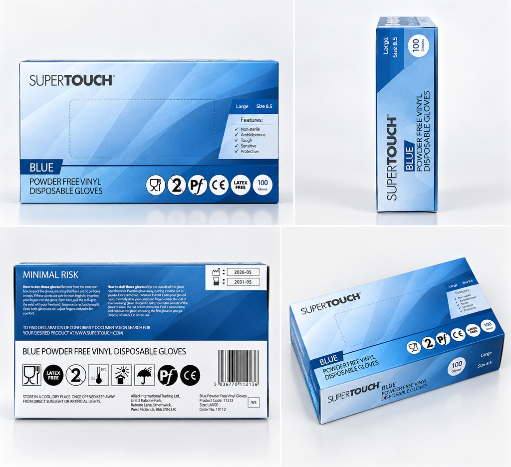 SuperTouch Blue Powder Free Vinyl Gloves – Large – Box of 100