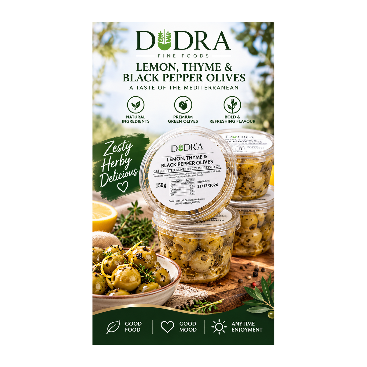 Dudra Lemon, Thyme & Black Pepper Olives – 12 × 150g – promotional product image