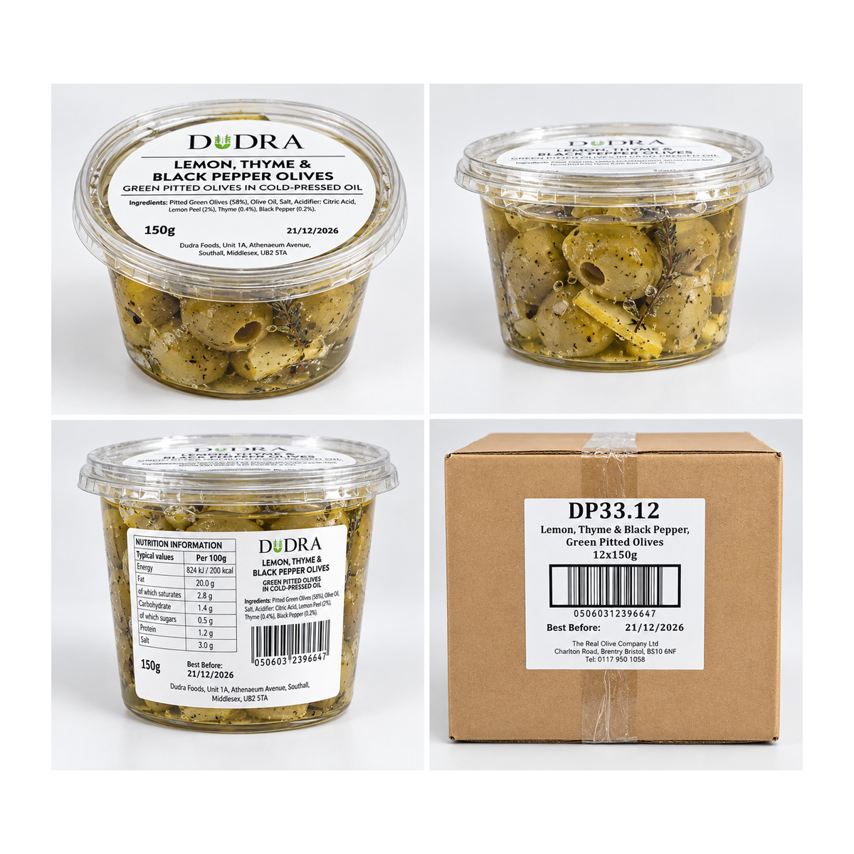 Dudra Lemon, Thyme & Black Pepper Olives – 12 × 150g – product and packaging views