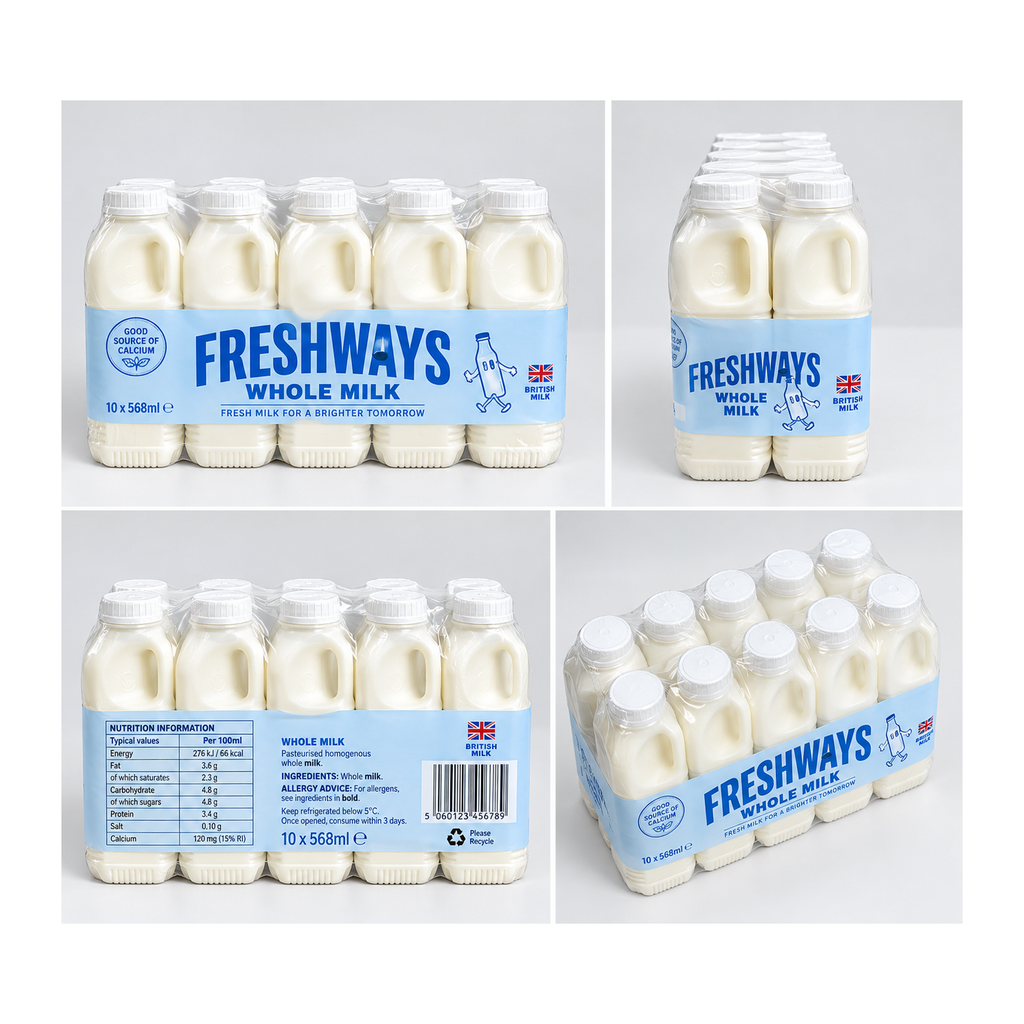 Freshways Whole Milk – 10 × 568ml – product and packaging views