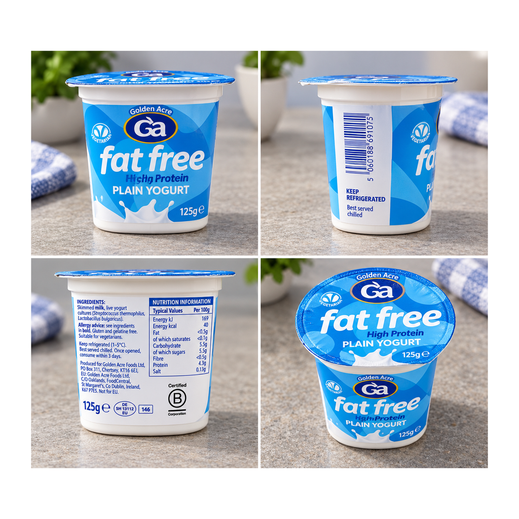 Golden Acre Fat Free Plain Yogurt – 125g – product and packaging views